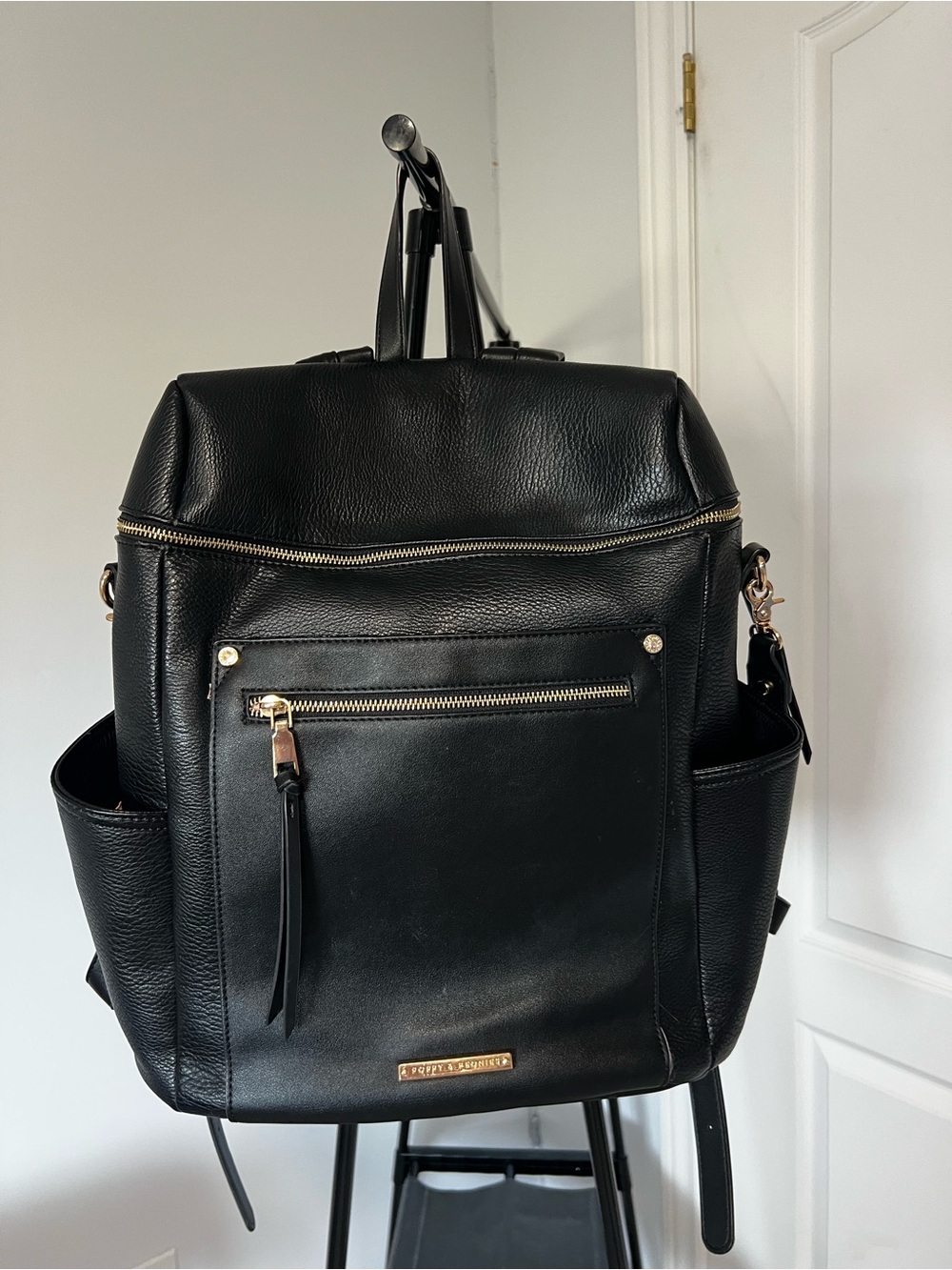 Poppy & Peonies Commuter Backpack Black Vegan Leather Laptop Bag
